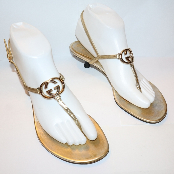Gucci Shoes - Gucci Gold T strap Sandals Heels